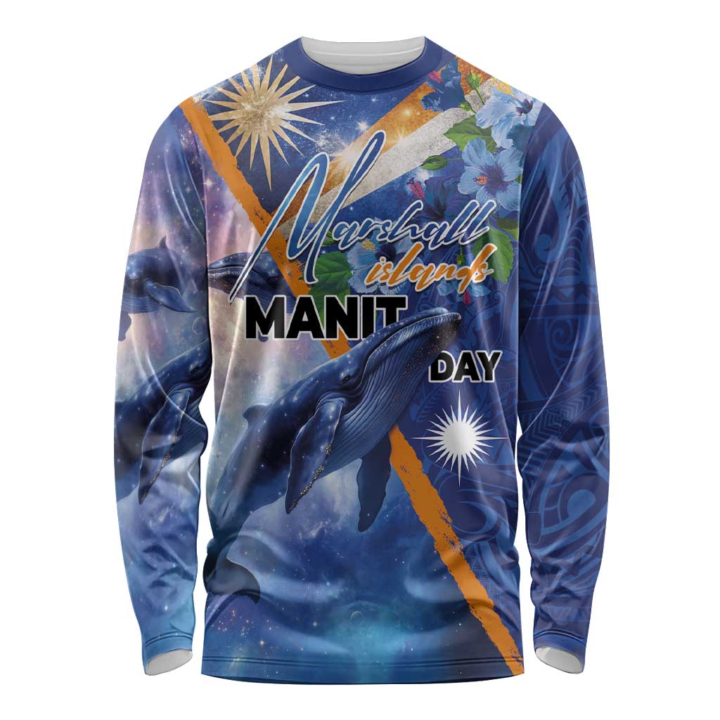 Marshall Islands Manit Day Long Sleeve Shirt Grunge National Flag with Whales and Tribal Tattoos - Polynesian Pride