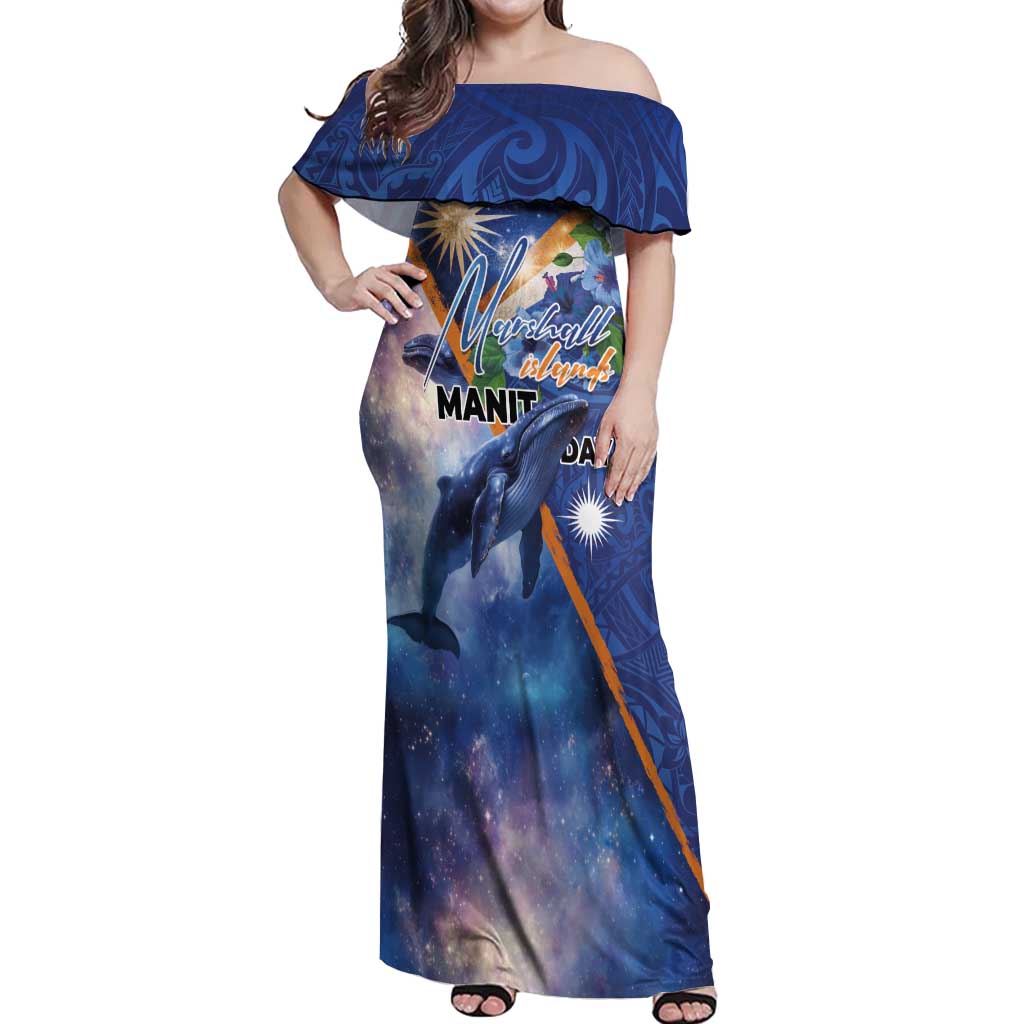 Marshall Islands Manit Day Off Shoulder Maxi Dress Grunge National Flag with Whales and Tribal Tattoos - Polynesian Pride