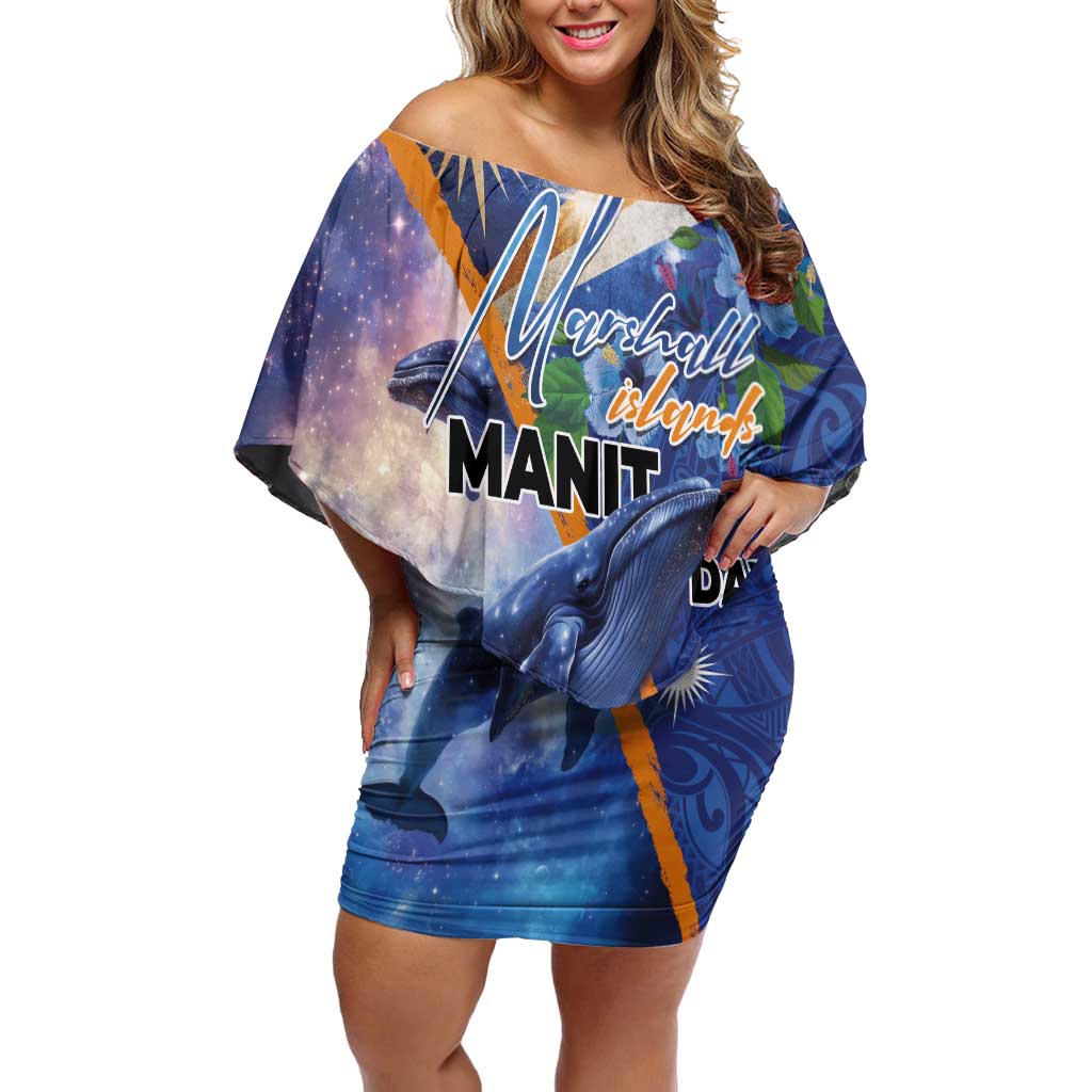 Marshall Islands Manit Day Off Shoulder Short Dress Grunge National Flag with Whales and Tribal Tattoos - Polynesian Pride