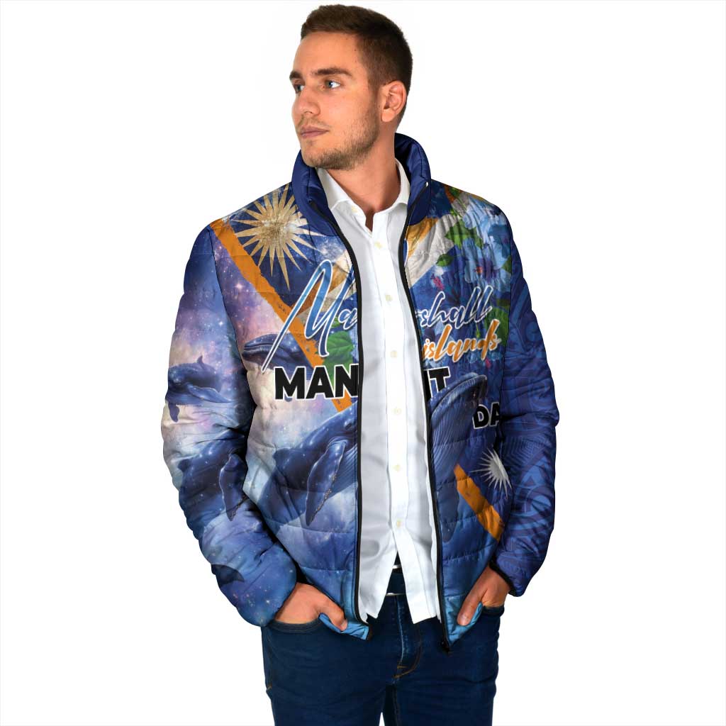 Marshall Islands Manit Day Padded Jacket Grunge National Flag with Whales and Tribal Tattoos - Polynesian Pride
