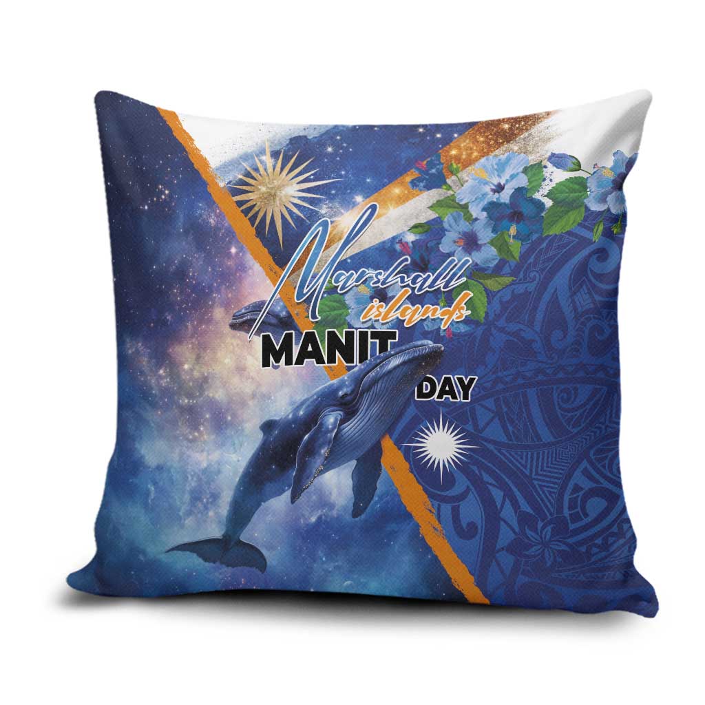 Marshall Islands Manit Day Pillow Cover Grunge National Flag with Whales and Tribal Tattoos - Polynesian Pride