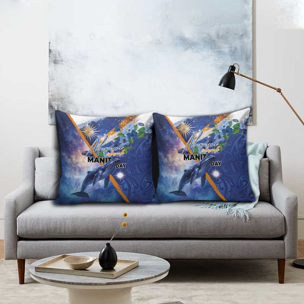 Marshall Islands Manit Day Pillow Cover Grunge National Flag with Whales and Tribal Tattoos - Polynesian Pride