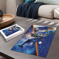 Marshall Islands Manit Day Puzzle Grunge National Flag with Whales and Tribal Tattoos - Polynesian Pride