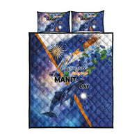 Marshall Islands Manit Day Quilt Bed Set Grunge National Flag with Whales and Tribal Tattoos - Polynesian Pride