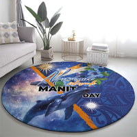 Marshall Islands Manit Day Round Carpet Grunge National Flag with Whales and Tribal Tattoos - Polynesian Pride