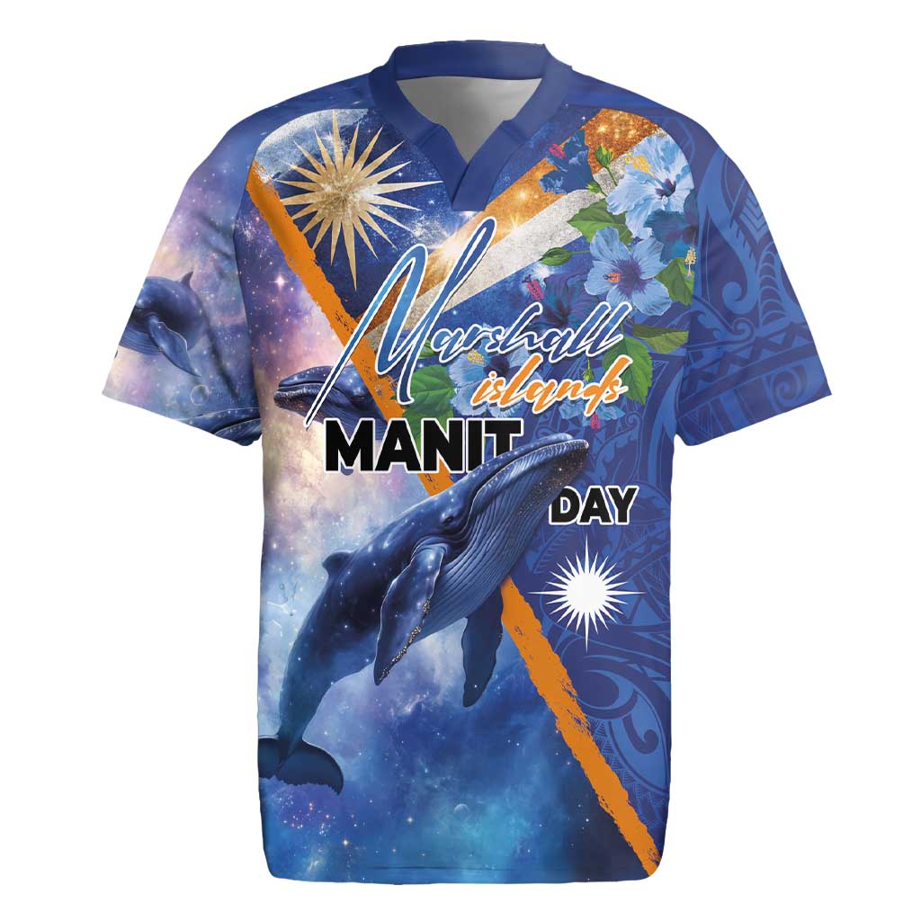 Marshall Islands Manit Day Rugby Jersey Grunge National Flag with Whales and Tribal Tattoos - Polynesian Pride