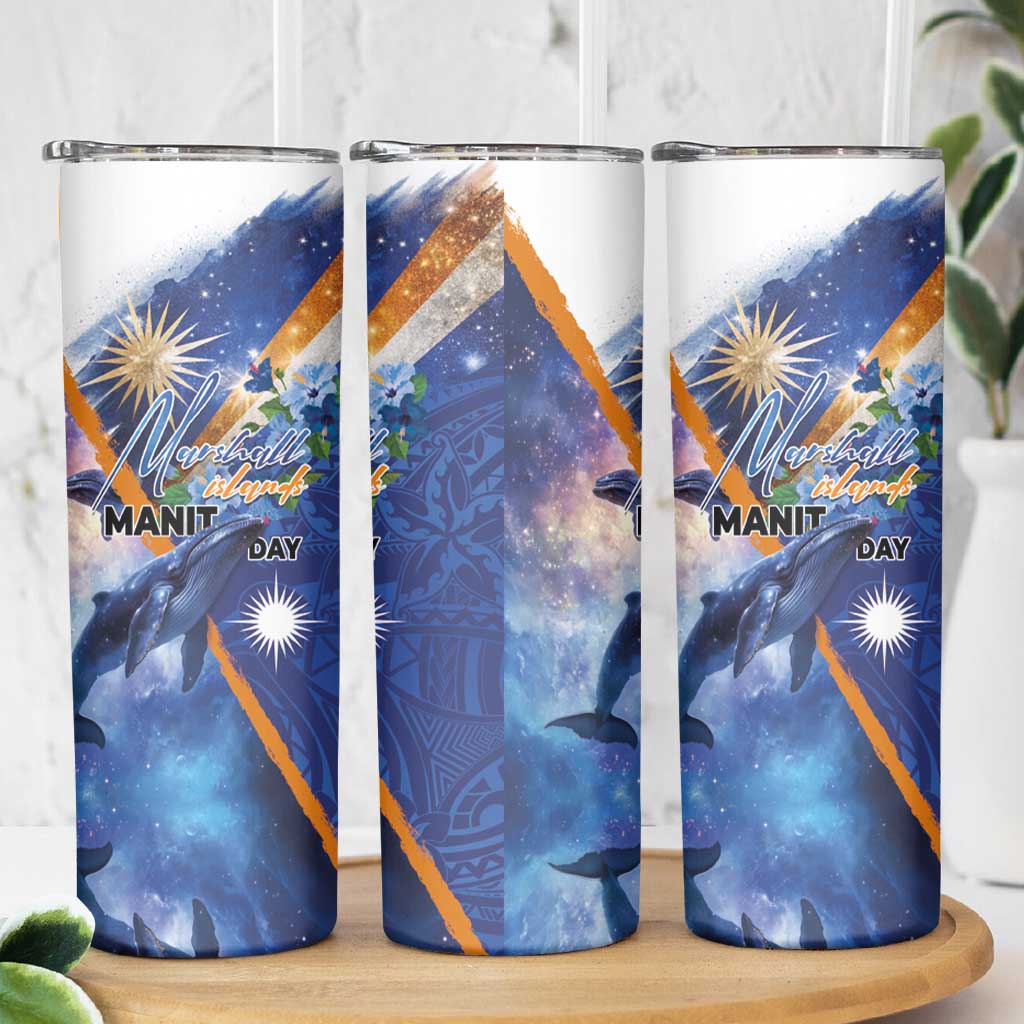 Marshall Islands Manit Day Skinny Tumbler Grunge National Flag with Whales and Tribal Tattoos - Polynesian Pride