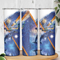 Marshall Islands Manit Day Skinny Tumbler Grunge National Flag with Whales and Tribal Tattoos - Polynesian Pride