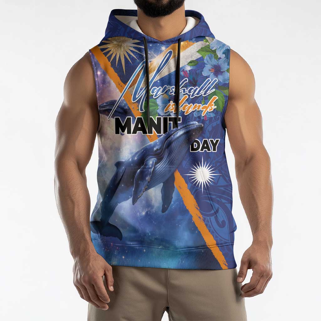 Marshall Islands Manit Day Sleeveless Hoodie Grunge National Flag with Whales and Tribal Tattoos - Polynesian Pride
