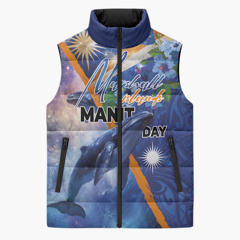 Marshall Islands Manit Day Sleeveless Puffer Jacket Grunge National Flag with Whales and Tribal Tattoos - Polynesian Pride