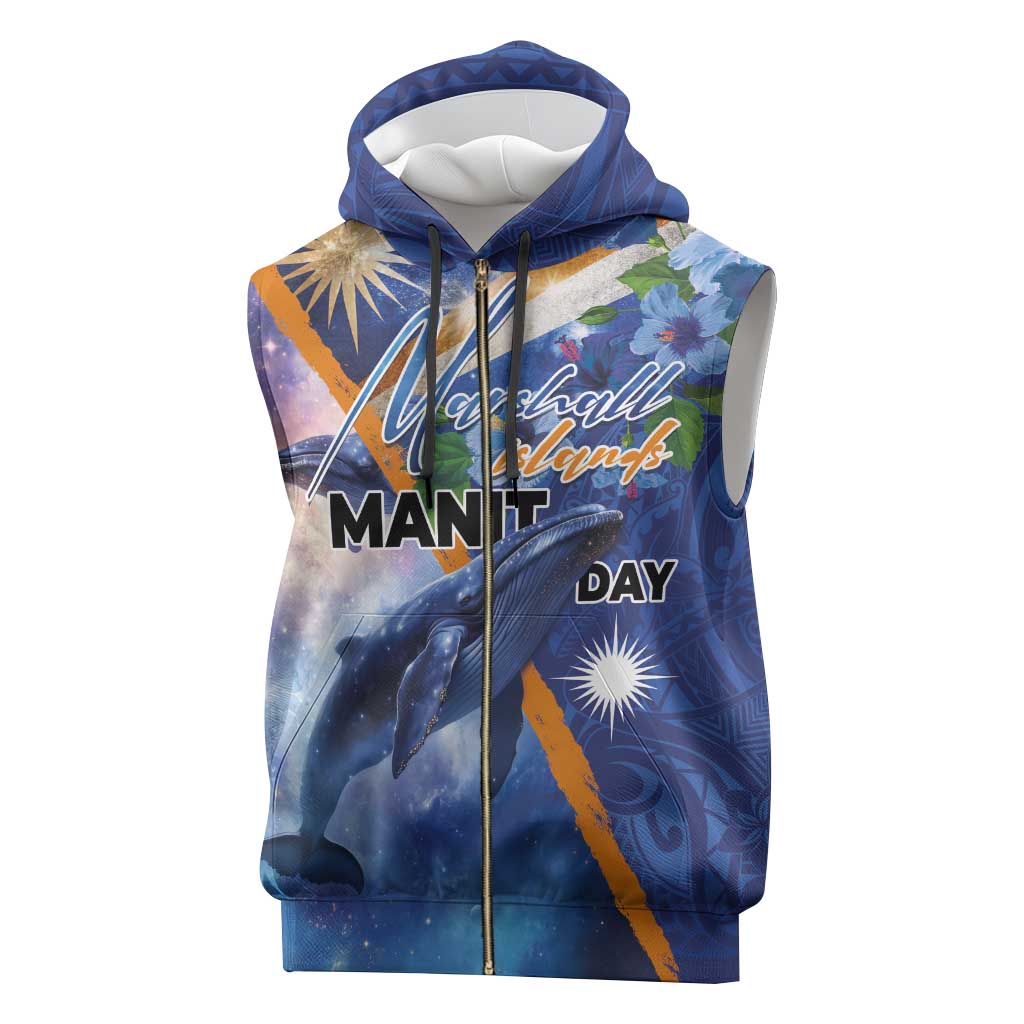 Marshall Islands Manit Day Sleeveless Zip Hoodie Grunge National Flag with Whales and Tribal Tattoos - Polynesian Pride