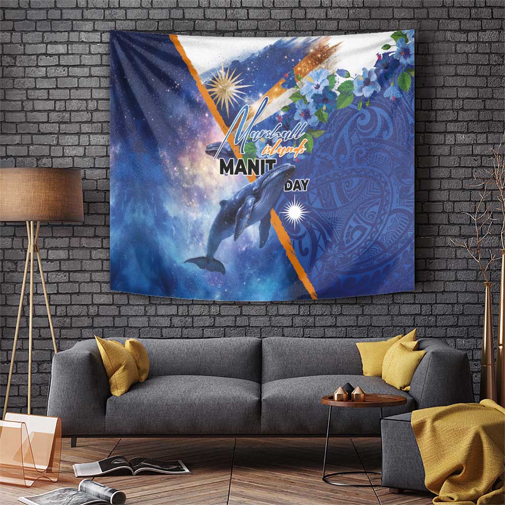 Marshall Islands Manit Day Tapestry Grunge National Flag with Whales and Tribal Tattoos - Polynesian Pride