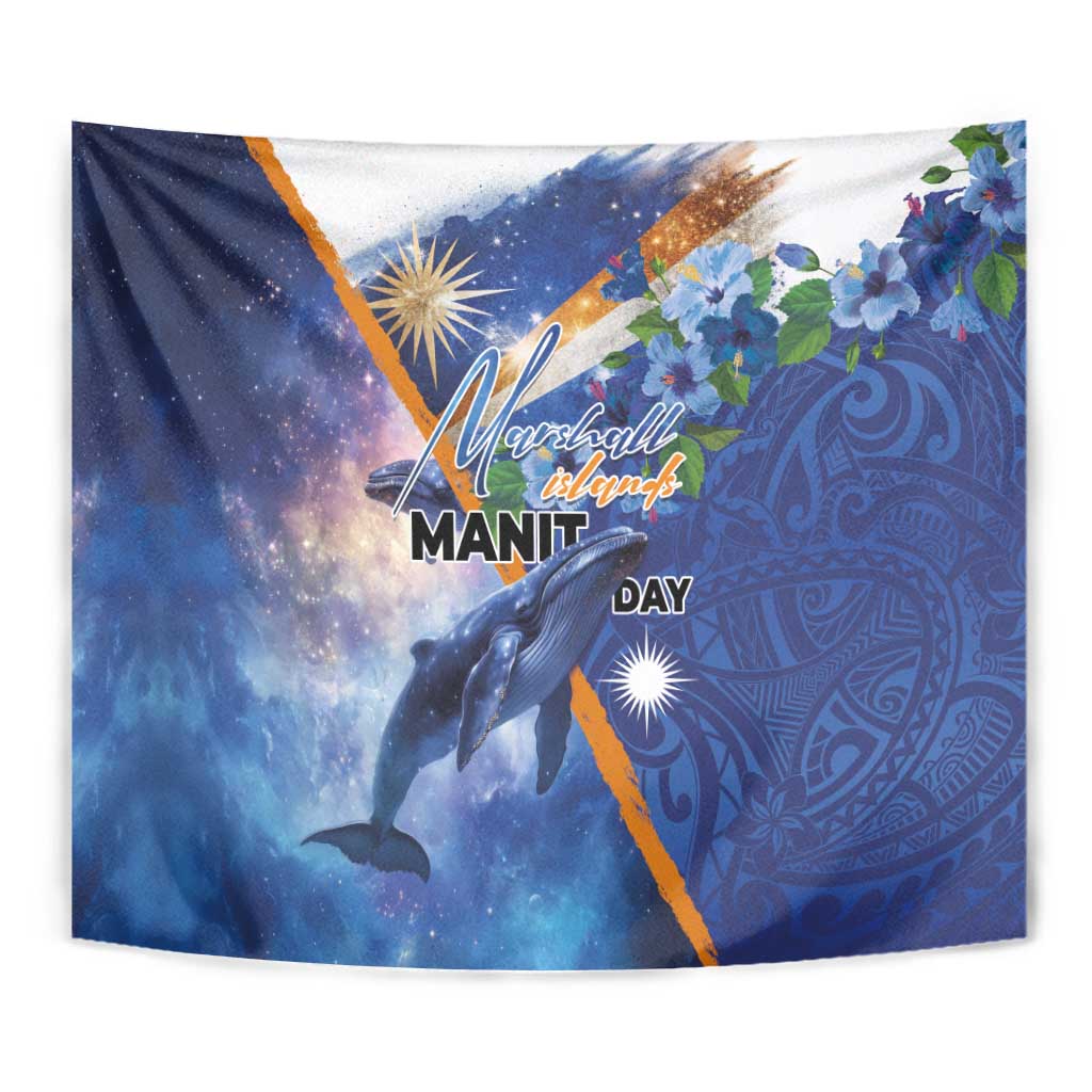 Marshall Islands Manit Day Tapestry Grunge National Flag with Whales and Tribal Tattoos - Polynesian Pride