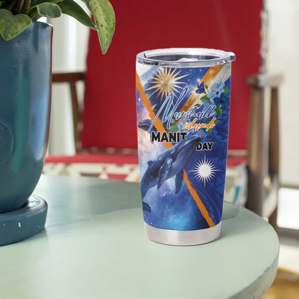 Marshall Islands Manit Day Tumbler Cup Grunge National Flag with Whales and Tribal Tattoos - Polynesian Pride