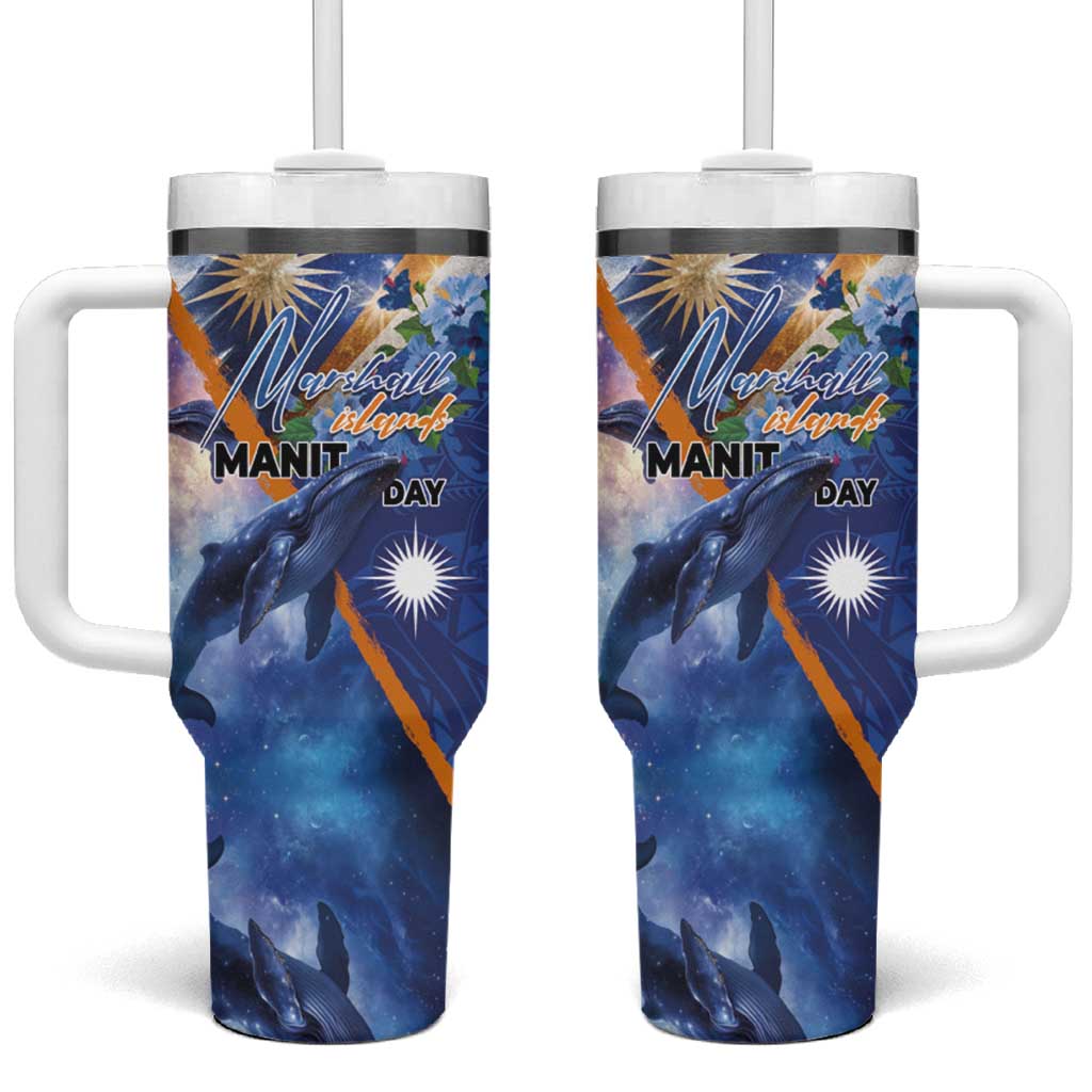 Marshall Islands Manit Day Tumbler With Handle Grunge National Flag with Whales and Tribal Tattoos - Polynesian Pride