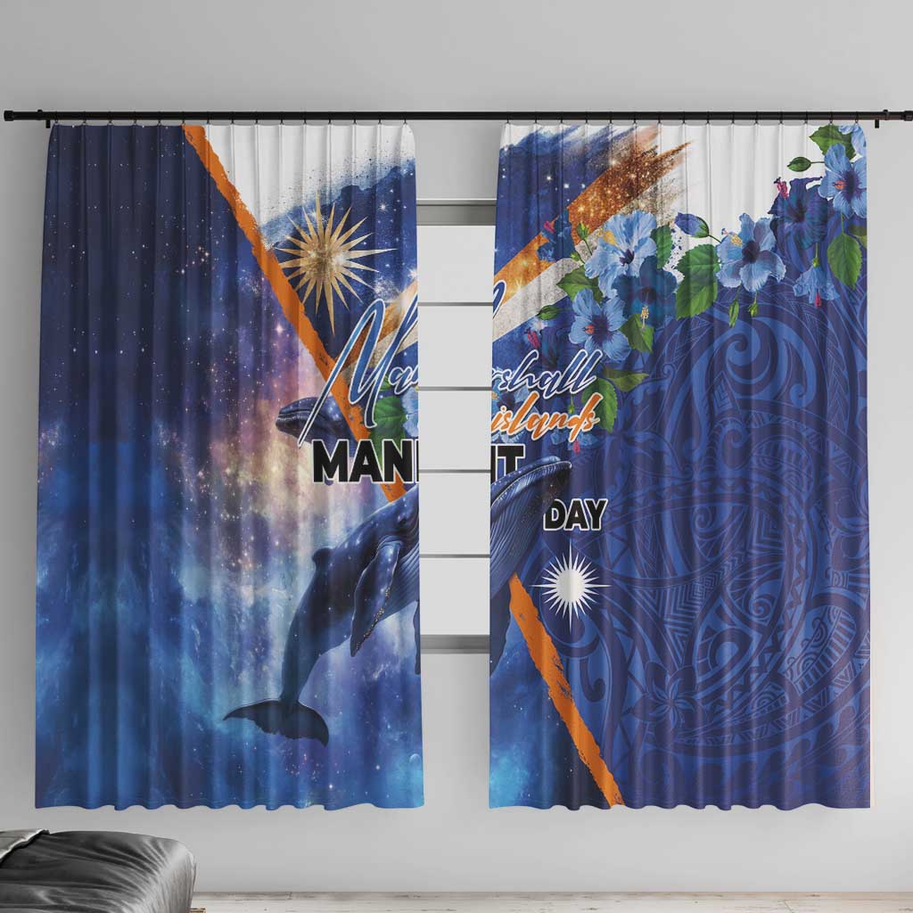 Marshall Islands Manit Day Window Curtain Grunge National Flag with Whales and Tribal Tattoos - Polynesian Pride