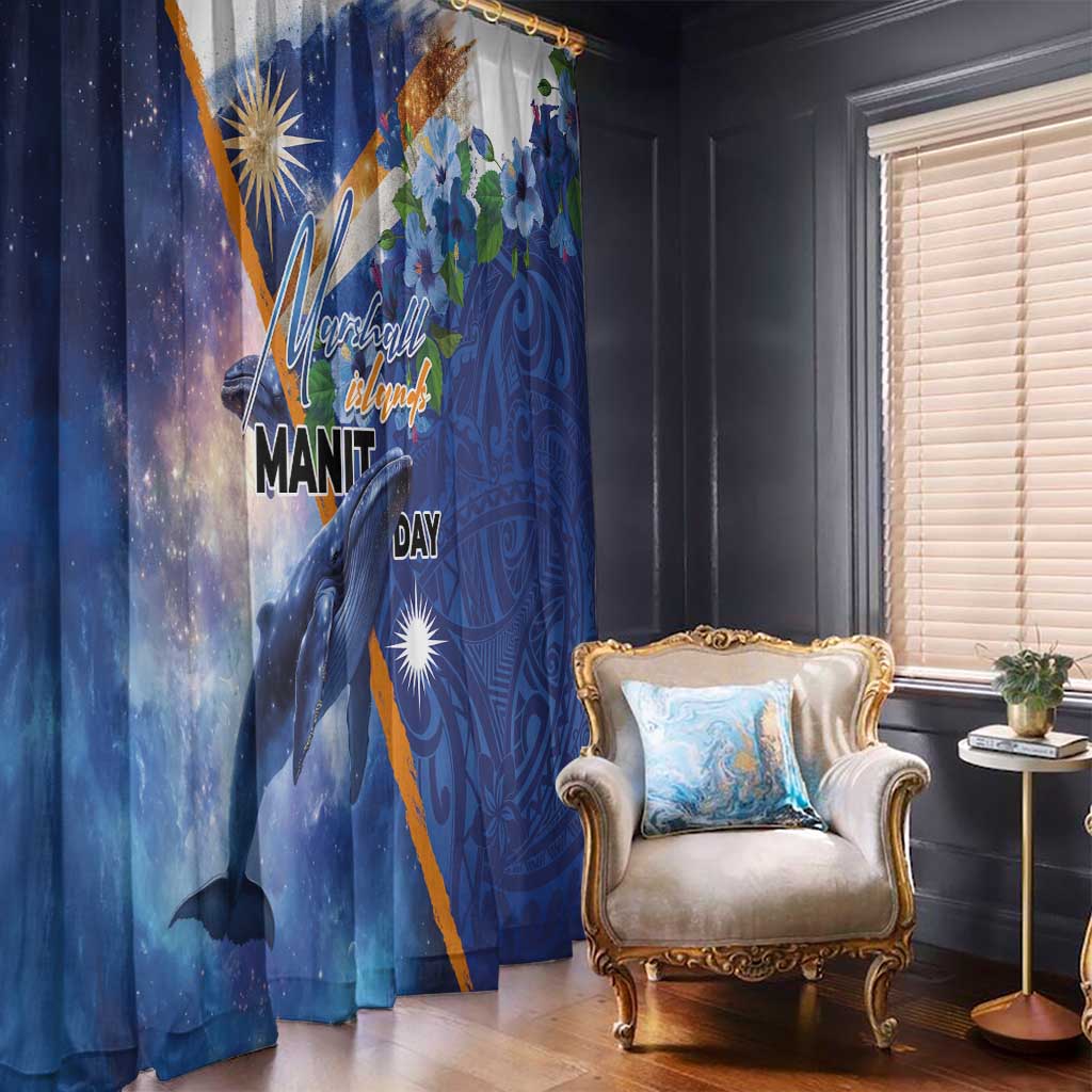 Marshall Islands Manit Day Window Curtain Grunge National Flag with Whales and Tribal Tattoos - Polynesian Pride