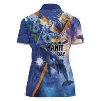 Marshall Islands Manit Day Women Polo Shirt Grunge National Flag with Whales and Tribal Tattoos - Polynesian Pride