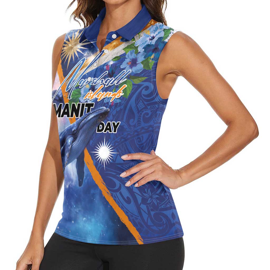 Marshall Islands Manit Day Women Sleeveless Polo Shirt Grunge National Flag with Whales and Tribal Tattoos - Polynesian Pride