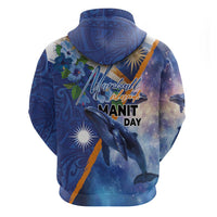 Marshall Islands Manit Day Zip Hoodie Grunge National Flag with Whales and Tribal Tattoos - Polynesian Pride