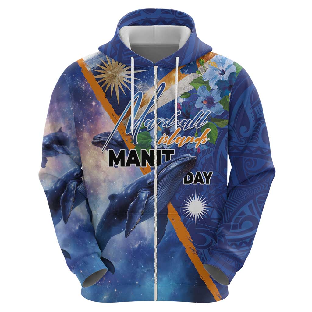 Marshall Islands Manit Day Zip Hoodie Grunge National Flag with Whales and Tribal Tattoos - Polynesian Pride