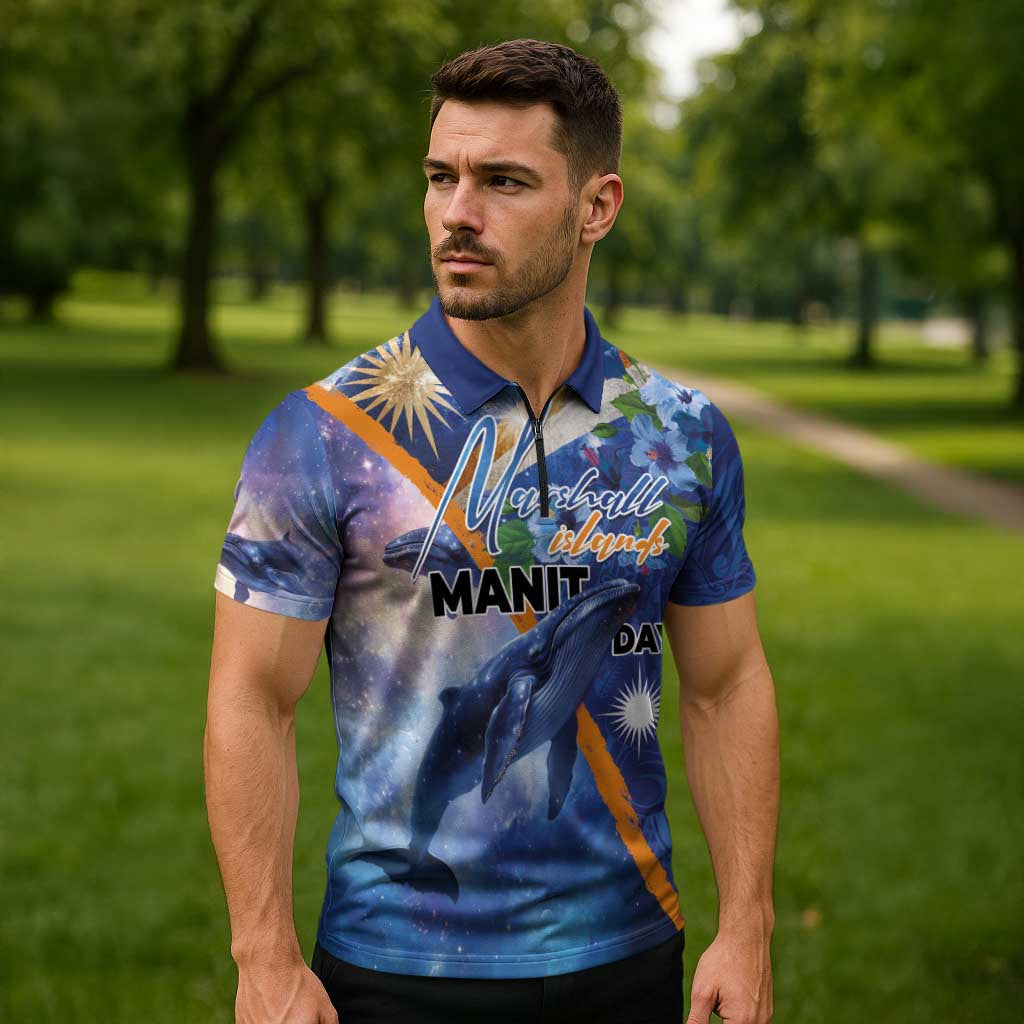 Marshall Islands Manit Day Zipper Polo Shirt Grunge National Flag with Whales and Tribal Tattoos - Polynesian Pride