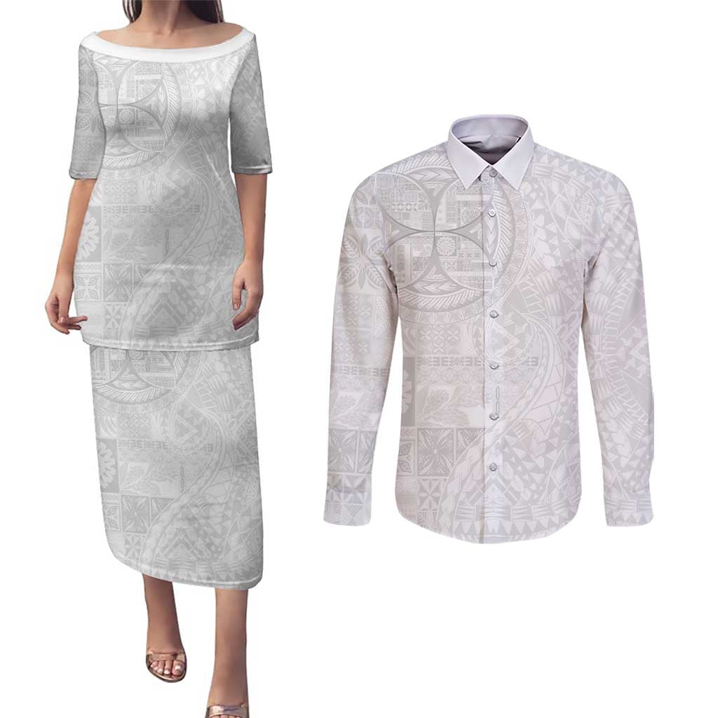 Samoan Culture-Lotu Tamaiti Couples Matching Puletasi and Long Sleeve Button Shirt Siapo and Polynesian Art Tattoos - Polynesian Pride