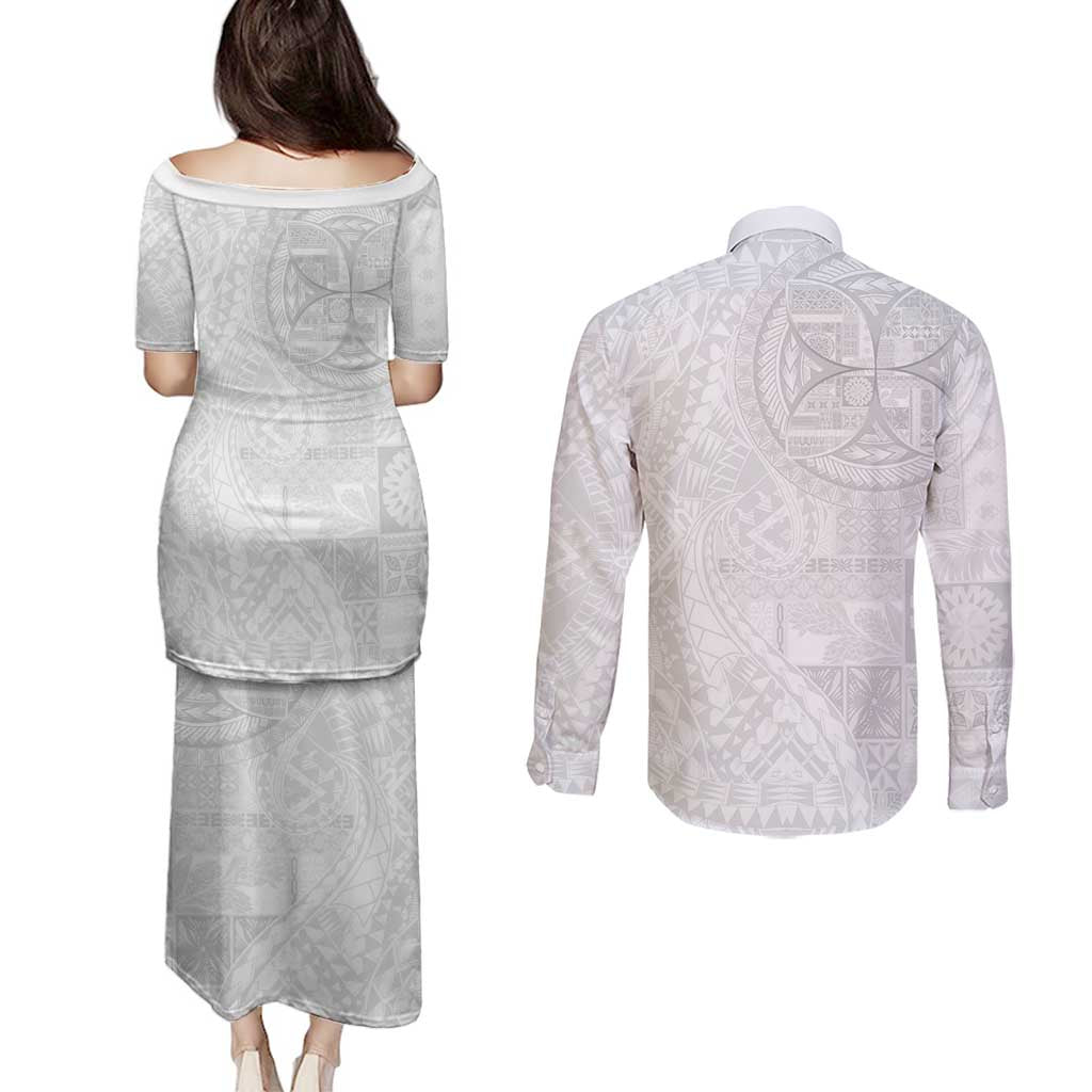 Samoan Culture-Lotu Tamaiti Couples Matching Puletasi and Long Sleeve Button Shirt Siapo and Polynesian Art Tattoos - Polynesian Pride