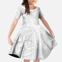 Samoan Culture-Lotu Tamaiti Family Matching Long Sleeve Bodycon Dress and Hawaiian Shirt Siapo and Polynesian Art Tattoos LT03 Daughter's Dress White - Polynesian Pride