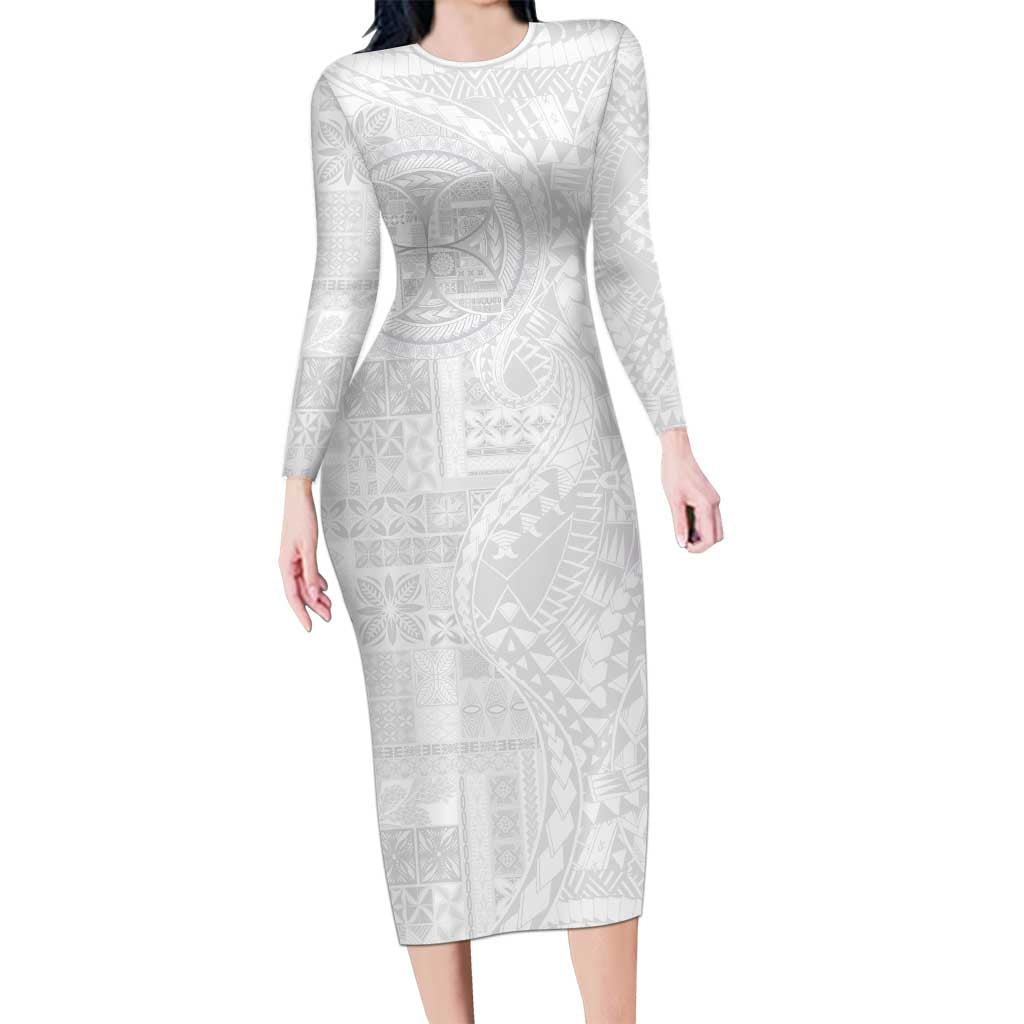 Samoan Culture-Lotu Tamaiti Family Matching Long Sleeve Bodycon Dress and Hawaiian Shirt Siapo and Polynesian Art Tattoos LT03 Mom's Dress White - Polynesian Pride