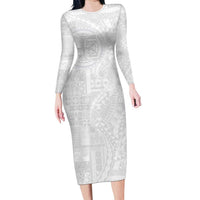 Samoan Culture-Lotu Tamaiti Family Matching Long Sleeve Bodycon Dress and Hawaiian Shirt Siapo and Polynesian Art Tattoos LT03 Mom's Dress White - Polynesian Pride