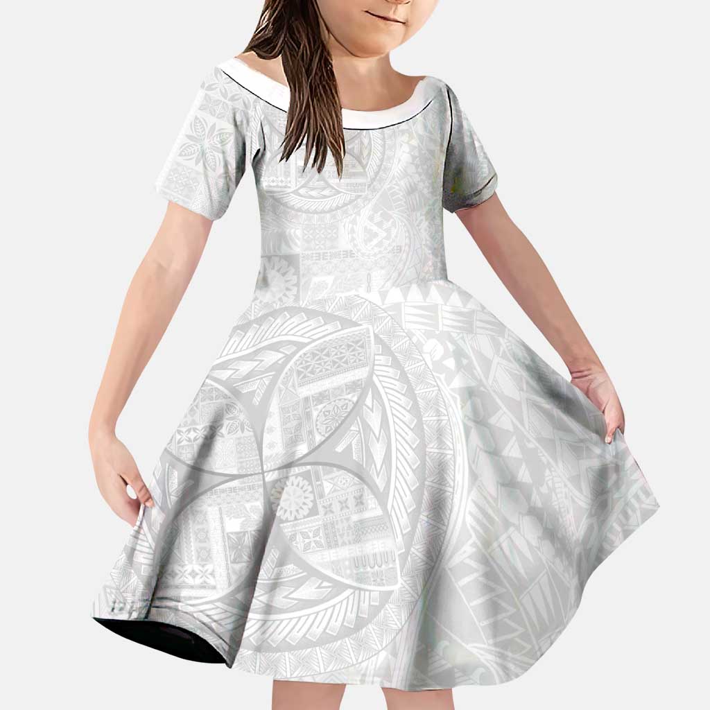 Samoan Culture-Lotu Tamaiti Family Matching Puletasi and Hawaiian Shirt Siapo and Polynesian Art Tattoos LT03 Daughter's Dress White - Polynesian Pride