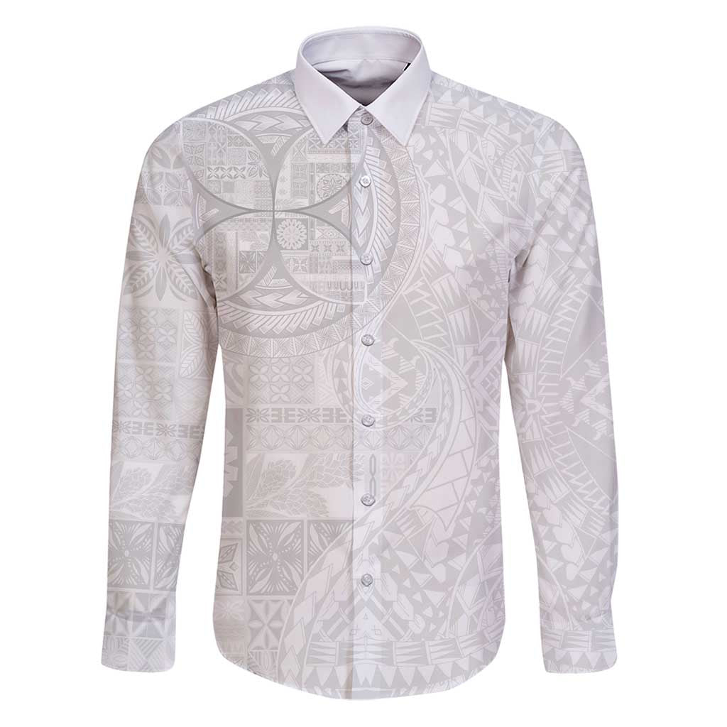 Samoan Culture-Lotu Tamaiti Family Matching Puletasi and Hawaiian Shirt Siapo and Polynesian Art Tattoos LT03 Dad's Shirt - Long Sleeve White - Polynesian Pride