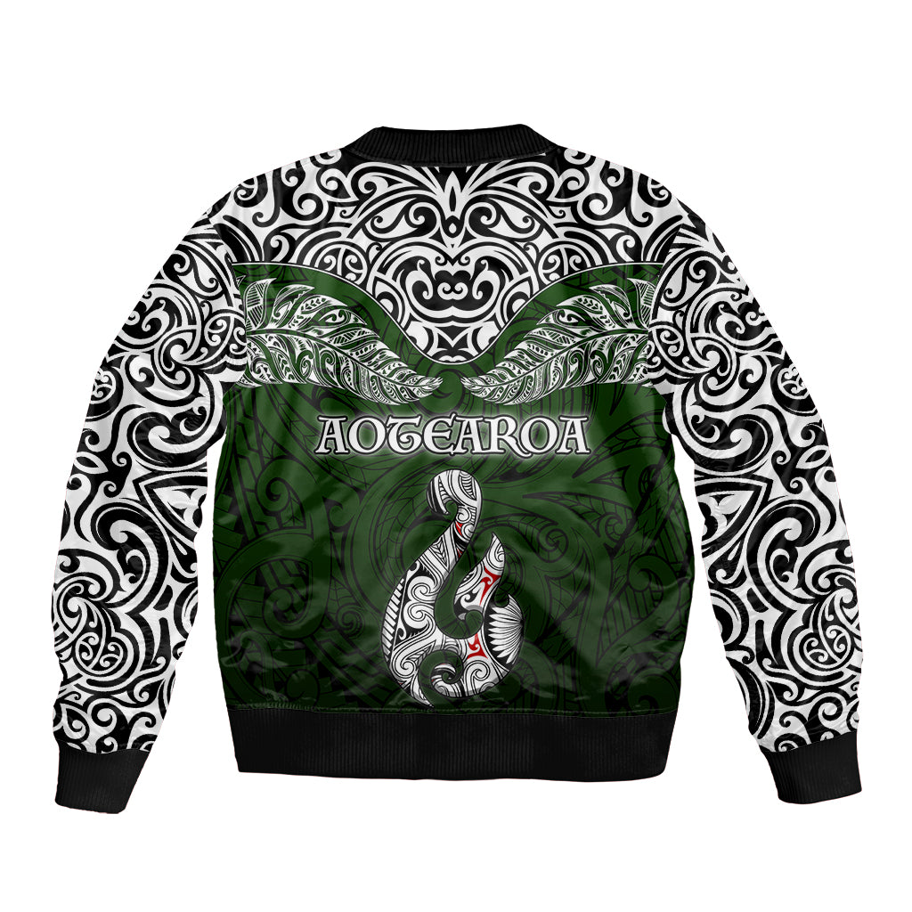 Aotearoa New Zealand Bomber Jacket Silver Fern and Matau with Maori Tribal Green Style LT03 - Polynesian Pride