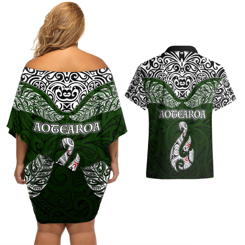 Aotearoa New Zealand Couples Matching Off Shoulder Short Dress and Hawaiian Shirt Silver Fern and Matau with Maori Tribal Green Style LT03 - Polynesian Pride