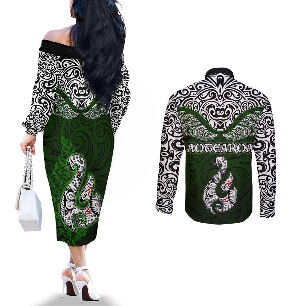 Aotearoa New Zealand Couples Matching Off The Shoulder Long Sleeve Dress and Long Sleeve Button Shirts Silver Fern and Matau with Maori Tribal Green Style LT03 - Polynesian Pride