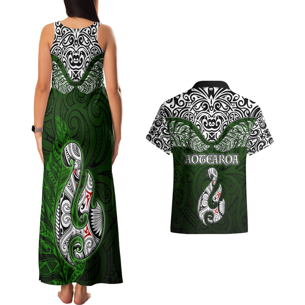 Aotearoa New Zealand Couples Matching Tank Maxi Dress and Hawaiian Shirt Silver Fern and Matau with Maori Tribal Green Style LT03 - Polynesian Pride