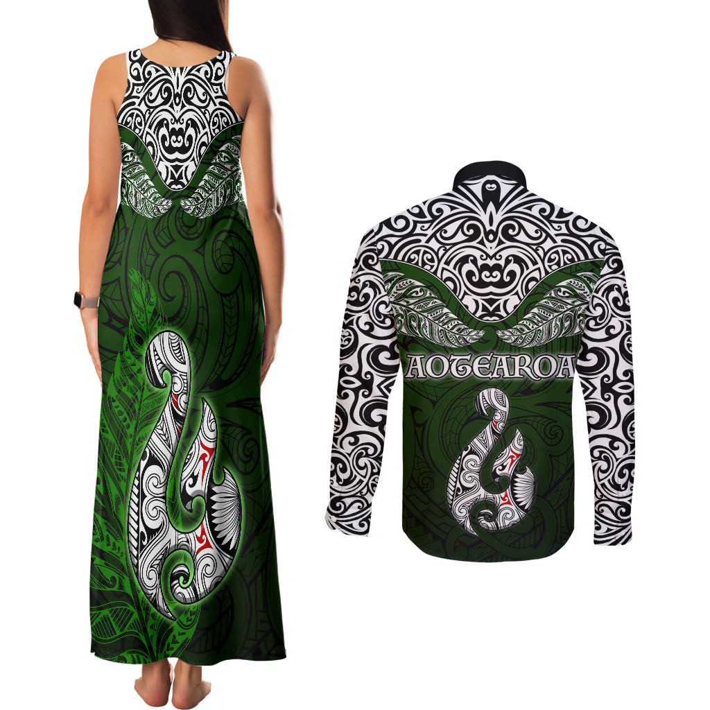 Aotearoa New Zealand Couples Matching Tank Maxi Dress and Long Sleeve Button Shirts Silver Fern and Matau with Maori Tribal Green Style LT03 - Polynesian Pride