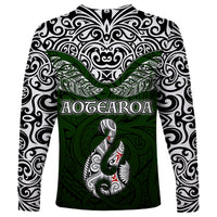 Aotearoa New Zealand Long Sleeve Shirt Silver Fern and Matau with Maori Tribal Green Style LT03 - Polynesian Pride