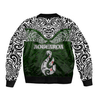 Aotearoa New Zealand Sleeve Zip Bomber Jacket Silver Fern and Matau with Maori Tribal Green Style LT03 - Polynesian Pride