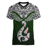 Aotearoa New Zealand Women V Neck T Shirt Silver Fern and Matau with Maori Tribal Green Style LT03 Female Green - Polynesian Pride