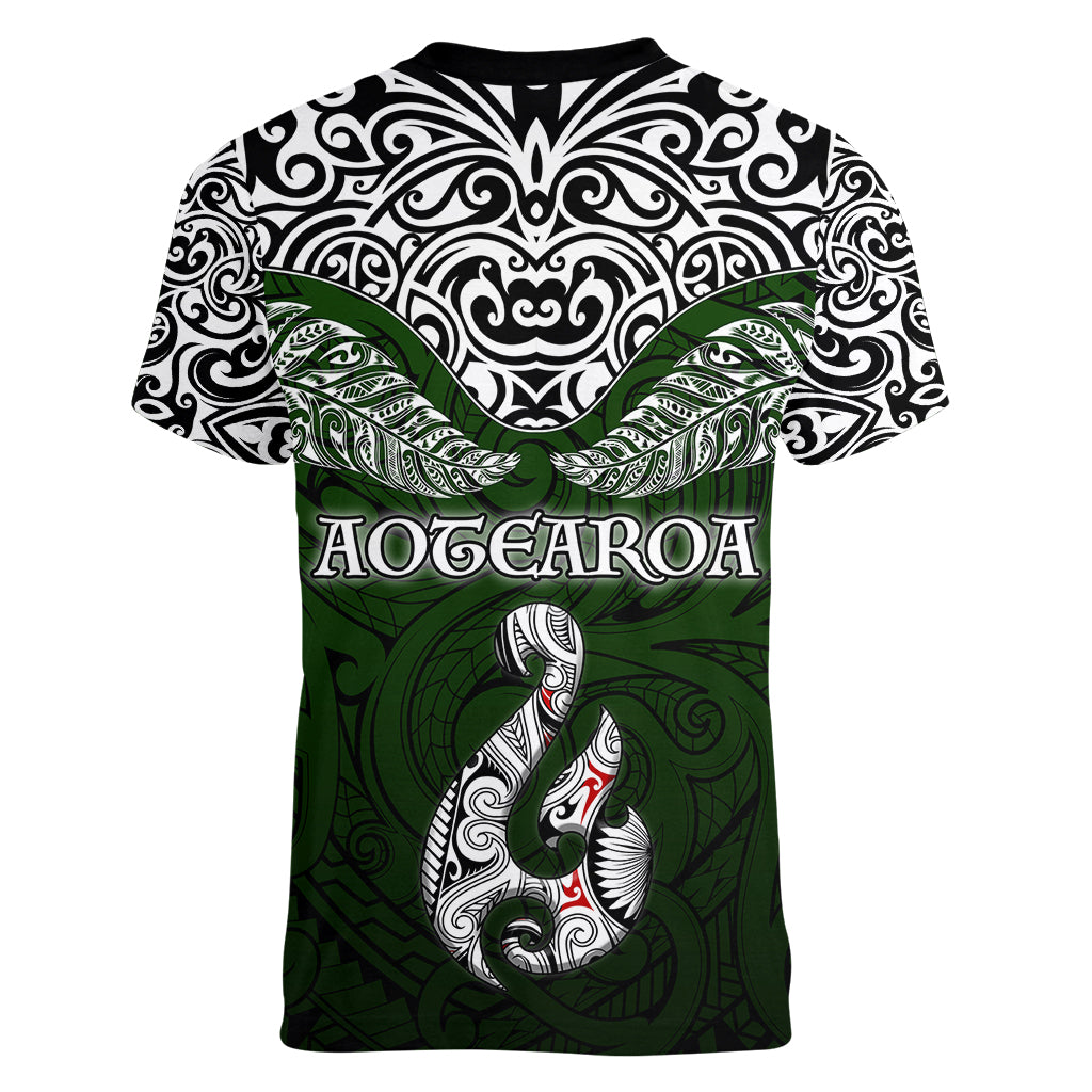 Aotearoa New Zealand Women V Neck T Shirt Silver Fern and Matau with Maori Tribal Green Style LT03 - Polynesian Pride