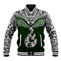 Custom Aotearoa New Zealand Baseball Jacket Silver Fern and Matau with Maori Tribal Green Style LT03 Unisex Green - Polynesian Pride