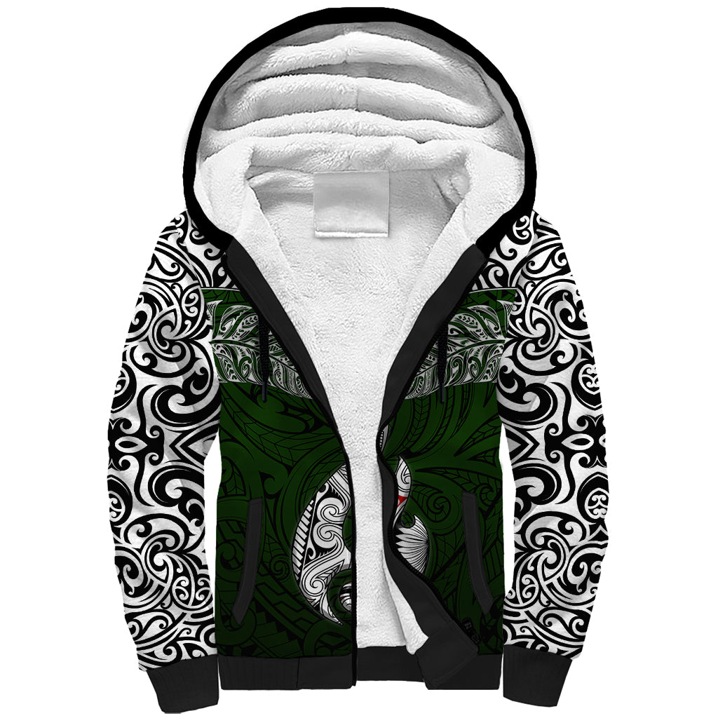 Custom Aotearoa New Zealand Sherpa Hoodie Silver Fern and Matau with Maori Tribal Green Style LT03 Unisex Green - Polynesian Pride