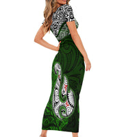 Custom Aotearoa New Zealand Short Sleeve Bodycon Dress Silver Fern and Matau with Maori Tribal Green Style LT03 - Polynesian Pride