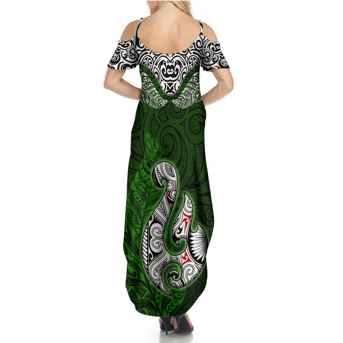 Custom Aotearoa New Zealand Summer Maxi Dress Silver Fern and Matau with Maori Tribal Green Style LT03 - Polynesian Pride