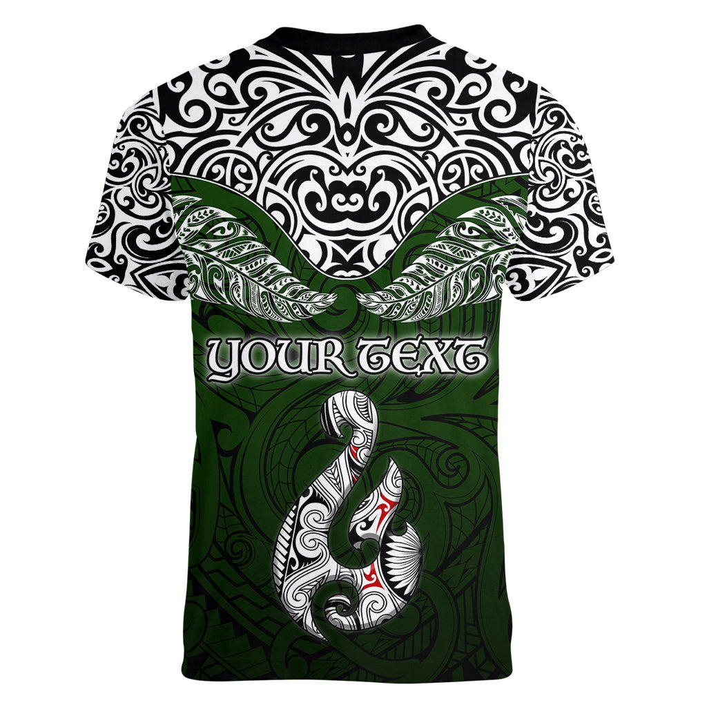 Custom Aotearoa New Zealand Women V Neck T Shirt Silver Fern and Matau with Maori Tribal Green Style LT03 - Polynesian Pride