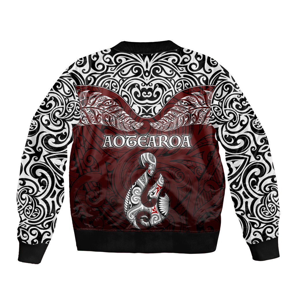 Aotearoa New Zealand Bomber Jacket Silver Fern and Matau with Maori Tribal Red Style LT03 - Polynesian Pride