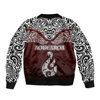 Aotearoa New Zealand Bomber Jacket Silver Fern and Matau with Maori Tribal Red Style LT03 - Polynesian Pride
