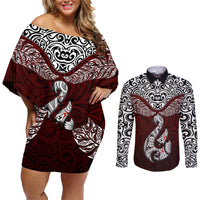 Aotearoa New Zealand Couples Matching Off Shoulder Short Dress and Long Sleeve Button Shirts Silver Fern and Matau with Maori Tribal Red Style LT03 Red - Polynesian Pride